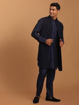 Navy Blue Viscose Jacket, Kurta And Pyjama Set 2