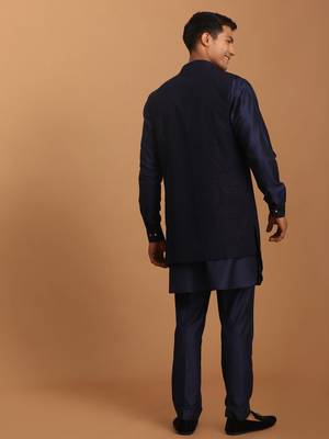 Navy Blue Viscose Jacket, Kurta And Pyjama Set 3