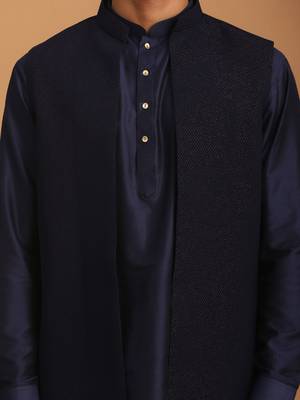 Navy Blue Viscose Jacket, Kurta And Pyjama Set 4