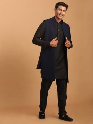 Navy Blue And Black Viscose Jacket, Kurta And Pyjama Set 1