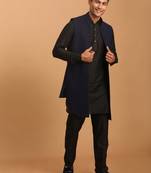 Navy Blue And Black Viscose Jacket, Kurta And Pyjama Set