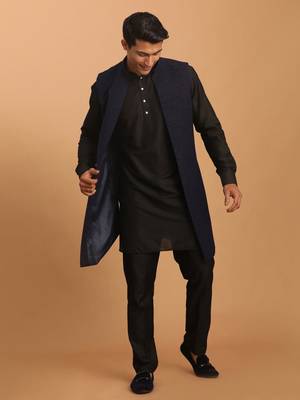 Navy Blue And Black Viscose Jacket, Kurta And Pyjama Set 2