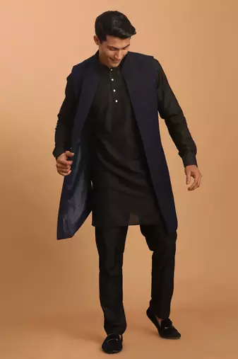 Navy Blue And Black Viscose Jacket, Kurta And Pyjama Set