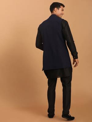 Navy Blue And Black Viscose Jacket, Kurta And Pyjama Set 3