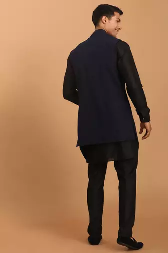 Navy Blue And Black Viscose Jacket, Kurta And Pyjama Set