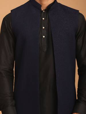 Navy Blue And Black Viscose Jacket, Kurta And Pyjama Set 4