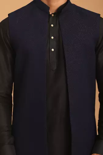 Navy Blue And Black Viscose Jacket, Kurta And Pyjama Set