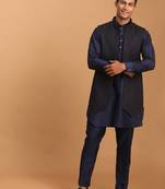 Men'S Navy Blue Viscose Jacket, Kurta And Pyjama Set