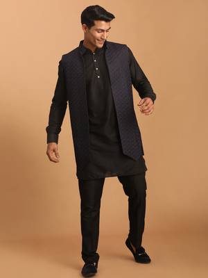 Navy Blue And Black Viscose Jacket, Kurta And Pyjama Set 1