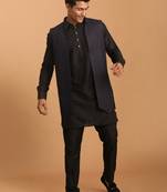 Navy Blue And Black Viscose Jacket, Kurta And Pyjama Set