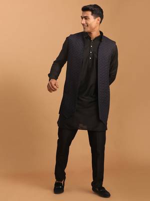 Navy Blue And Black Viscose Jacket, Kurta And Pyjama Set 2