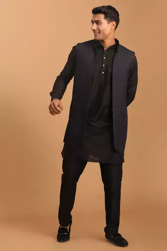 Navy Blue And Black Viscose Jacket, Kurta And Pyjama Set