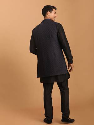 Navy Blue And Black Viscose Jacket, Kurta And Pyjama Set 3