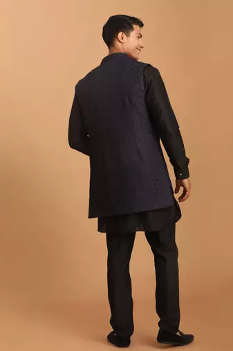 Navy Blue And Black Viscose Jacket, Kurta And Pyjama Set