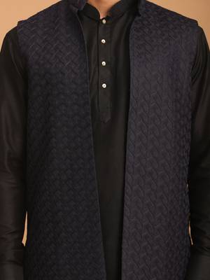 Navy Blue And Black Viscose Jacket, Kurta And Pyjama Set 4