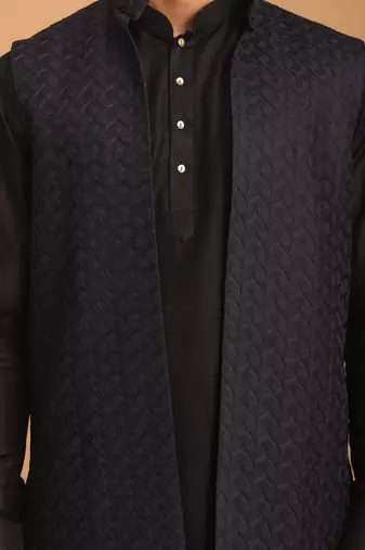 Navy Blue And Black Viscose Jacket, Kurta And Pyjama Set