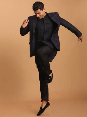 Navy Blue And Black Silk Blend Jacket, Kurta And Pyjama Set 1