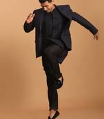 Men'S Navy Blue And Black Silk Blend Jacket, Kurta And Pyjama Set