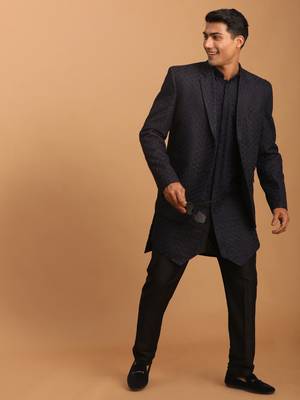 Navy Blue And Black Silk Blend Jacket, Kurta And Pyjama Set 2