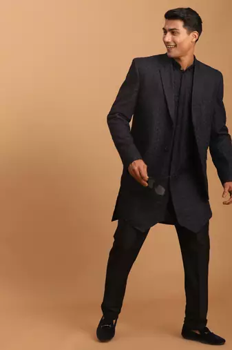 Navy Blue And Black Silk Blend Jacket, Kurta And Pyjama Set