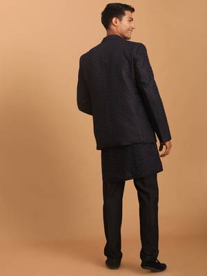 Navy Blue And Black Silk Blend Jacket, Kurta And Pyjama Set 3