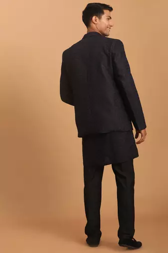 Navy Blue And Black Silk Blend Jacket, Kurta And Pyjama Set