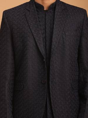Navy Blue And Black Silk Blend Jacket, Kurta And Pyjama Set 4
