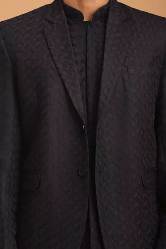 Navy Blue And Black Silk Blend Jacket, Kurta And Pyjama Set