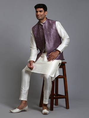 Purple And Cream Silk Blend Jacket, Kurta And Pyjama Set 1