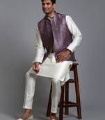 Purple And Cream Silk Blend Jacket, Kurta And Pyjama Set