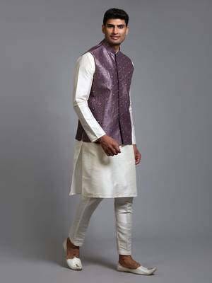 Purple And Cream Silk Blend Jacket, Kurta And Pyjama Set 2