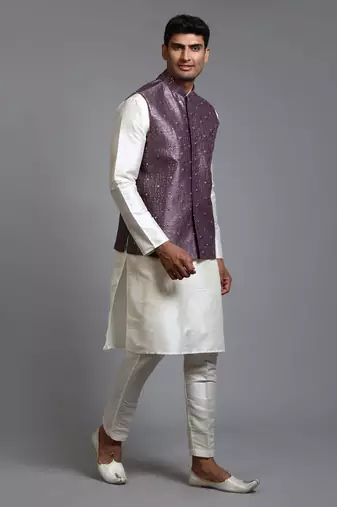 Purple And Cream Silk Blend Jacket, Kurta And Pyjama Set