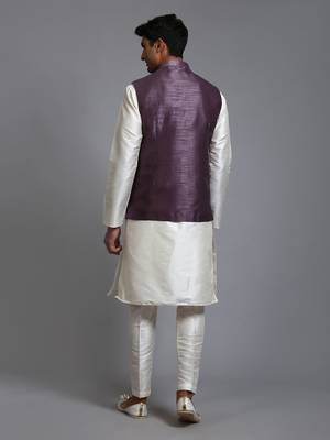 Purple And Cream Silk Blend Jacket, Kurta And Pyjama Set 3