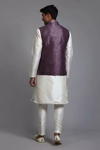 Purple And Cream Silk Blend Jacket, Kurta And Pyjama Set