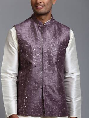 Purple And Cream Silk Blend Jacket, Kurta And Pyjama Set 4