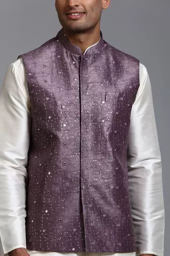 Purple And Cream Silk Blend Jacket, Kurta And Pyjama Set