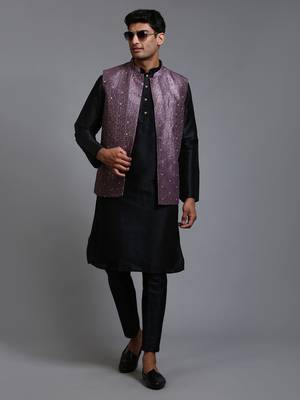 Purple And Black Silk Blend Jacket, Kurta And Pyjama Set 1