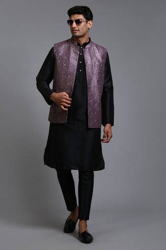 Men'S Purple And Black Silk Blend Jacket, Kurta And Pyjama Set