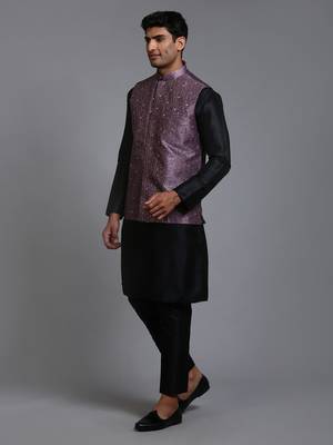 Purple And Black Silk Blend Jacket, Kurta And Pyjama Set 2