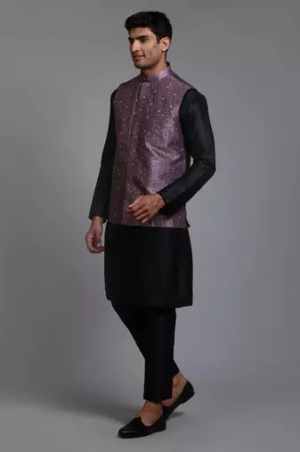 Purple And Black Silk Blend Jacket, Kurta And Pyjama Set