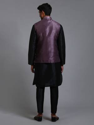 Purple And Black Silk Blend Jacket, Kurta And Pyjama Set 3
