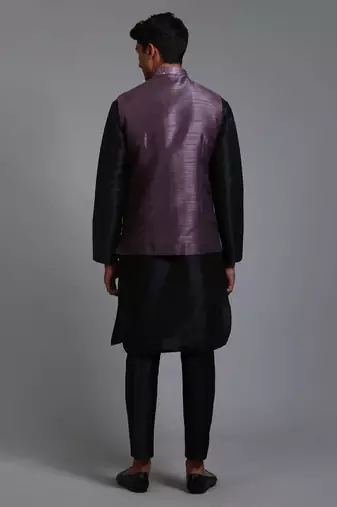 Purple And Black Silk Blend Jacket, Kurta And Pyjama Set