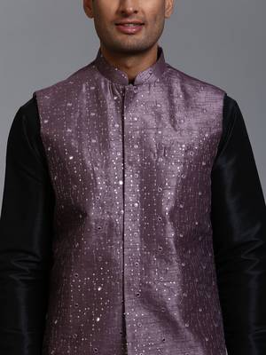 Purple And Black Silk Blend Jacket, Kurta And Pyjama Set 4