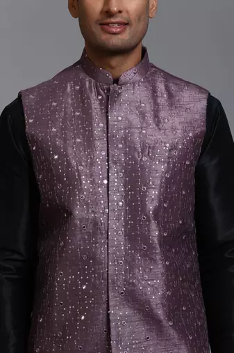 Purple And Black Silk Blend Jacket, Kurta And Pyjama Set