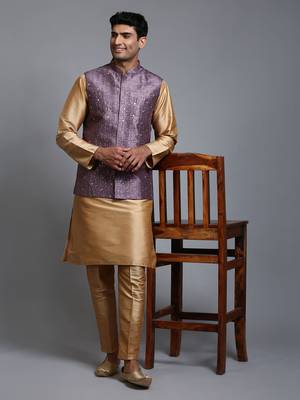 Purple And Rose Gold Silk Blend Jacket, Kurta And Pyjama Set 1