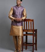 Purple And Rose Gold Silk Blend Jacket, Kurta And Pyjama Set