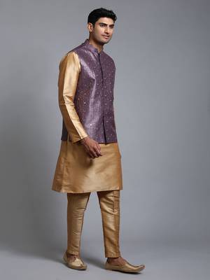 Purple And Rose Gold Silk Blend Jacket, Kurta And Pyjama Set 2