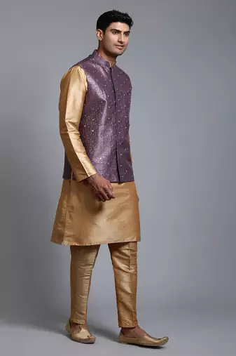 Purple And Rose Gold Silk Blend Jacket, Kurta And Pyjama Set
