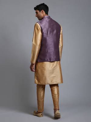 Purple And Rose Gold Silk Blend Jacket, Kurta And Pyjama Set 3
