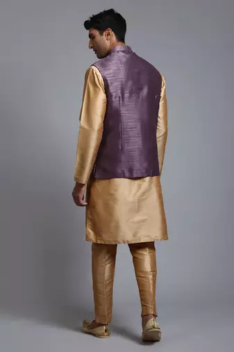 Purple And Rose Gold Silk Blend Jacket, Kurta And Pyjama Set